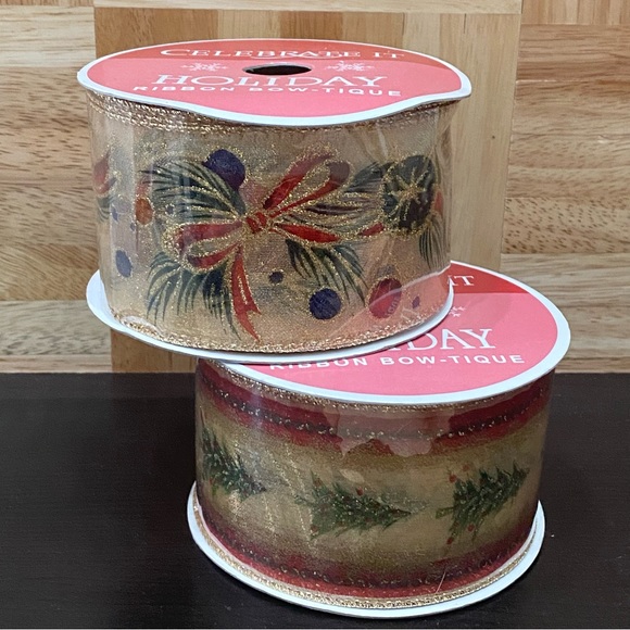 (2) 2.5x30ft Celebrate It Holiday Wired Ribbon Christmas Tree Ornament Bow Gold - Picture 1 of 8